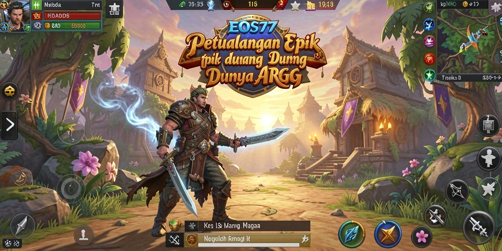 Screenshot gameplay <strong>EOS77</strong> menunjukkan pertempuran epik dalam dunia fantasi.