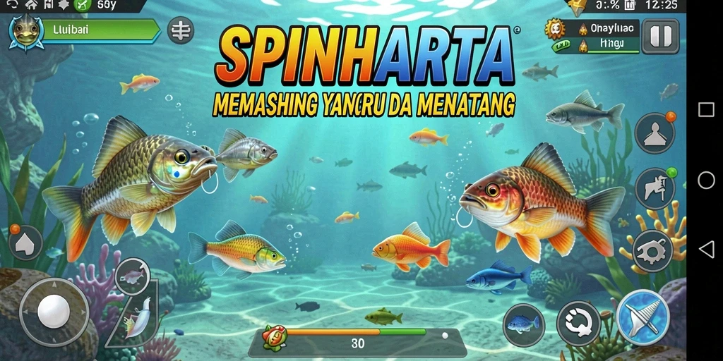 Tampilan gameplay SPINHARTA dengan aksi memancing yang seru.