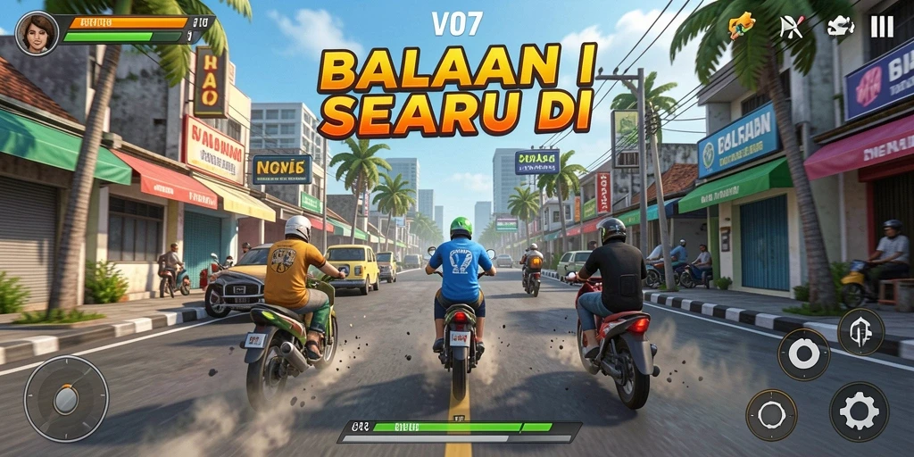 Screenshot V07 menampilkan aksi balapan di trek yang menegangkan.