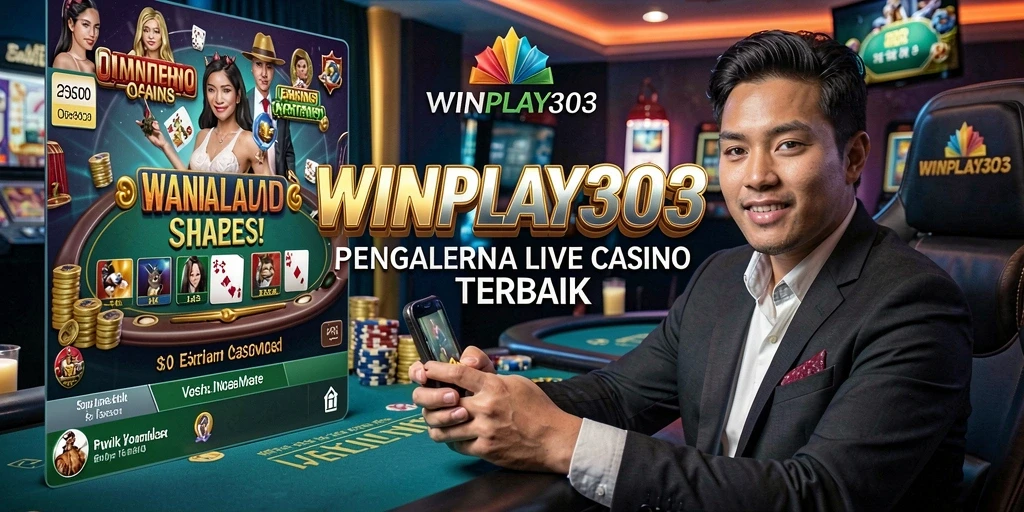 Screenshot gameplay WINPLAY303 menampilkan aksi dealer langsung dan suasana kasino yang menghidupkan permainan.