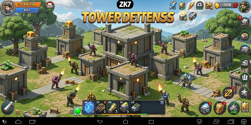 Screenshot ZK7 menampilkan menara yang berfungsi melawan gelombang musuh.
